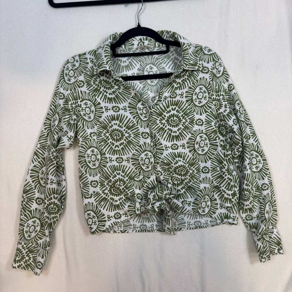 Women's Olive Green Printed Button-Up Shirt